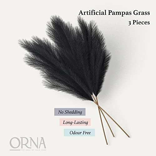 ORNA Artificial Pampas Grass Set of 3 Stems, Extra Large 44.8/114 cm tall & 20 Branches each, Fluffy Black Faux Feathers, Fake Boho Flower for Floor Vase, Modern Home & Wedding Décor