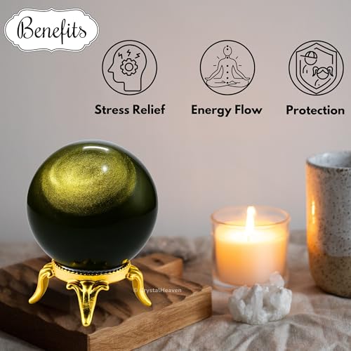 Image of Certified Golden Sheen Obsidian Crystal Ball for Meditation - Premium Crystal Vastu Items for Home and Feng Shui Items for Good Luck - Ideal for Pooja Supplies and Spiritual Practices (2 inch Inch)