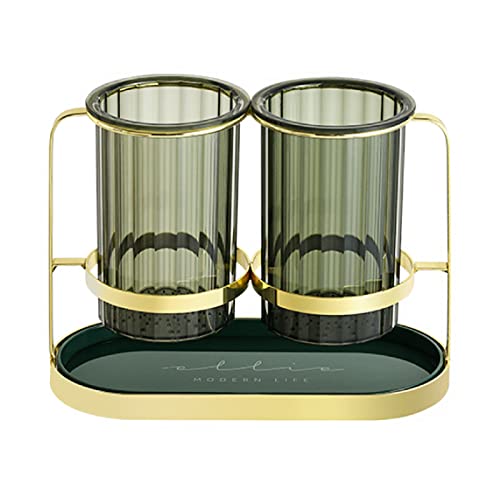 Kivsty Silverware Caddy with Drain Holes and Steel Tray, 2 Pieces Kitchen Utensil Holder for Countertop, Plastic Flatware Organizer Spoon and Fork Holder Buffet Caddy|Gold & Green