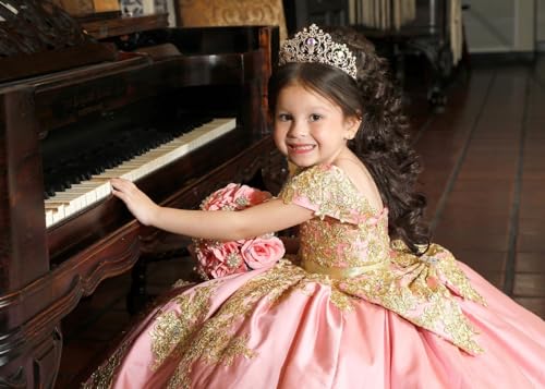 Gold Applique Flower Girl Dresses Off Shoulder Satin First Communion Dress Beading Girls Ball Gown witth Bow3