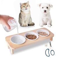 FUNACAY 3 Elevated Cat Food and Water Bowl Set with Stand,15°Tilted Raised Pet Bowlfor Kittens/Puppy with 3 Ceremic Dishes, Indoor Cat Food Bowl，Anti-Vomit & Whisker Fatigue Relief, Dishwasher Safe
