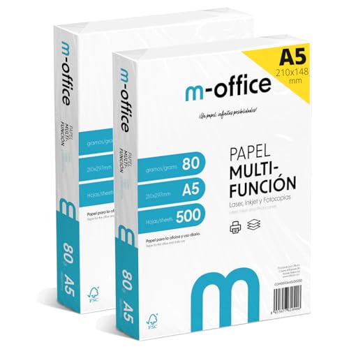 A5-Papier 80 g 2 Packung mit 500 Blatt Multifunktionspapier für Inkjet- und Laserdrucker A5-Blätter 148 x 210 mm ideal für Büro und Zuhause m-office (1000 Blatt)