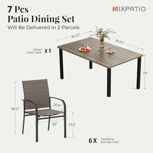 Image of MIXPATIO Patio Table and Chairs Set, Outdoor Dining Set for 6 with Brown Chairs and Teak Color Tabletop Outdoor Dining Table, 7-Piece Patio Furniture Set for Deck Backyard Lawn