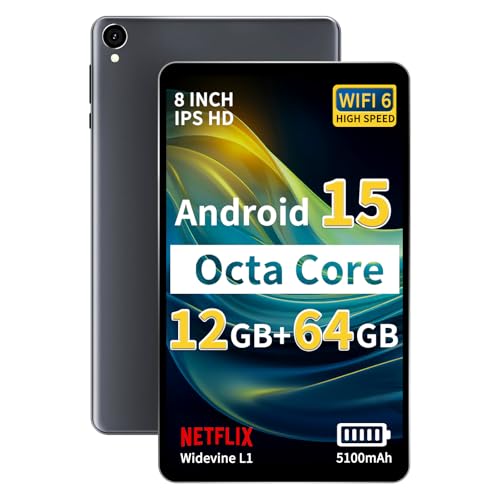 Tablette Topsand Android 15 2025 8", processeur Octa-Core, 12 Go de RAM, 64 Go de ROM, 2 To extensible, écran HD IPS 1280 x 800, WiFi6, BT5.4, Widevine L1, double caméra 5 MP + 8 MP