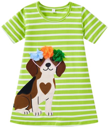 RETSUGO Toddler Girls Cute Dog Dress Kids Green and White Stripes Short Sleeve A-line Dress Toddler Summer Casual Dresses Clothes 2-7T 5120-2T