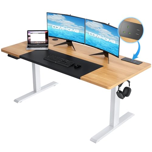 COMHOMA Electric Standing Desk with Power Outlets Height Adjustable Stand up Computer Office Desk with Hooks PC Workstation Table for Bedroom Wood 120x60 cm