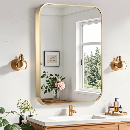 CLBA Gold Bathroom Mirror, 24x36 Inch Brushed Gold Mirror, Aluminum Alloy Framed Vanity Mirror, Rounded Rectangle Mirror for Over Sink, Anti-Rust (Horizontally or Vertically)