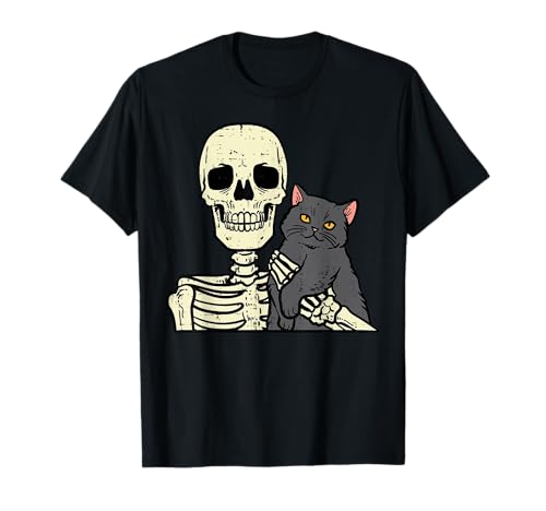 Disfraz de gato negro de Halloween en hombro esqueleto mujeres hombres Camiseta