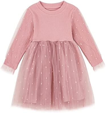 Toddler Baby Girl's Fall Dress Outfit Knit Long Sleeve Fluffy Gold Wire Decoration Tulle Dress Princess Dress (Pink, 7 Years)