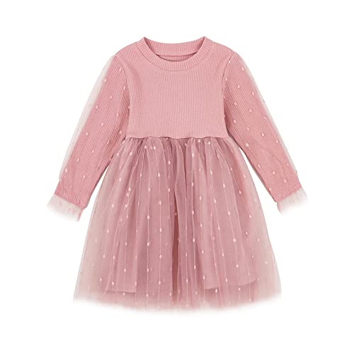 Toddler Baby Girl's Fall Dress Outfit Knit Long Sleeve Fluffy Gold Wire Decoration Tulle Dress Princess Dress (Pink, 7 Years) #TOP5