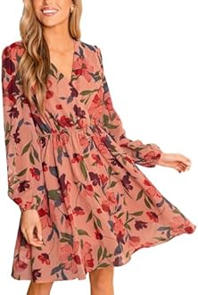 CUPSHE Women's Mini Dresses Casual Spring V Neck Chiffon Long Peasant Sleeves Flowy Autumn Dress