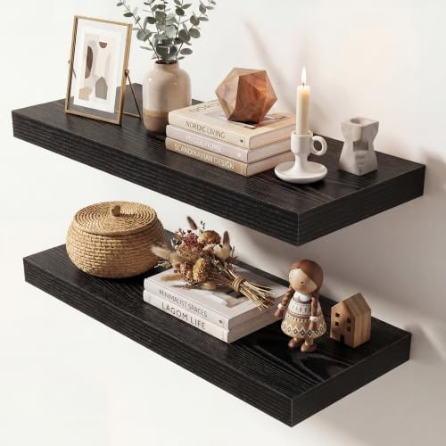 Image of Dreamland 24 Inches Floating Shelves for Wall,9.3 inch Deep Long Floating Shelves Set of 2,Large Display & Storage Shelf,Wall Shelf for Bathroom Bedroom Living Room Kitchen Office,Black