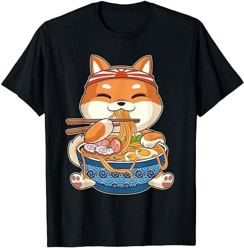 Kawaii Cute Anime Shiba Inu Dog Otaku Japanese Ramen Noodles T-Shirt Funny Gift Black S