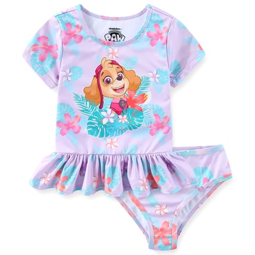 Paw Patrol Nickelodeon Skye Girls UPF 50+ Rash Guard Shirt and Bikini Bottom Two Piece Swimsuit Set for Toddler and Big Kids Purple