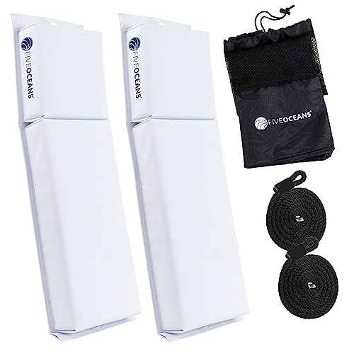 Five Oceans Contour Flat Boat Fender, Boat Fenders, Boat Bumpers for Docking, 2-Pack - 24-Inch, White, with 3/8-Inch x 5-Foot Fender Line and Convenient Storage Bag, Waterproof PVC Fabric - FO4614