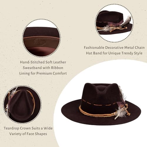 Image of RUEDIGER Vintage Wide Brim Fedora Hats 100% Wool Stiff Felt Hat Rancher Hat with Lightning Logo Handmade Distressed /Burned