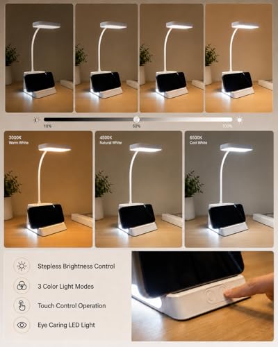 Image of SaleOn X1 Pro Desk Lamp Hub with 3 Pencil Holders, Mobile Stand, 3 Color Modes, Stepless Brightness, Dual Touch Control, Bottom Night Light, USB Powered Study Lamp for Kids & Office, 6 Month Warranty