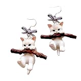 Lovely White Cat Earrings 3D Resin Cat Hug a Branch Drop Dangle Earrings Cartoon Animal Jewelry Earr