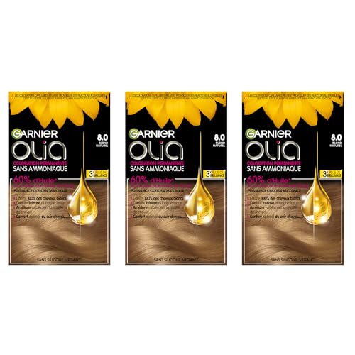 Garnier Olia Coloration permanente sans ammoniaque avec des huiles naturelles de fleurs à action éclairante et nutritive, couleur 8.0 Blond naturel – 3 boîtes