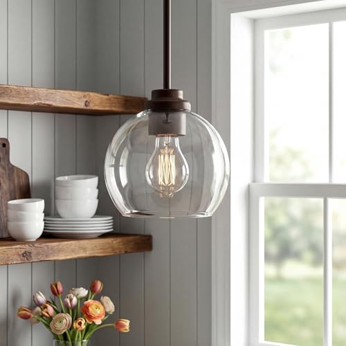 Image of 2-Pack Pendant Lights Kitchen Island, 7 inch Oil Rubbed Bronze Hanging Lights Fixtures with Clear Glass Globe Shade, Modern Kitchen Island Lighting for Bathroom, AD-22280-1P2-ORB