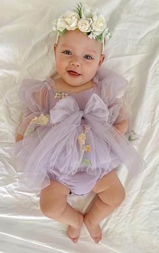 FYBITBO Newborn Baby Girl Romper Dress Floral Bowknot Long Puff Sleeve Layered Tulle Tutu Bodysuit Jumpsuit with Headband Set2