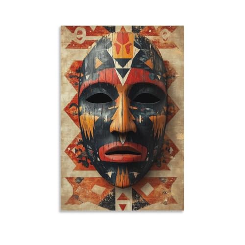 Tarahumara Masque en bois sur toile Décoration murale pour salon, chambre à coucher 30 x 45 cm