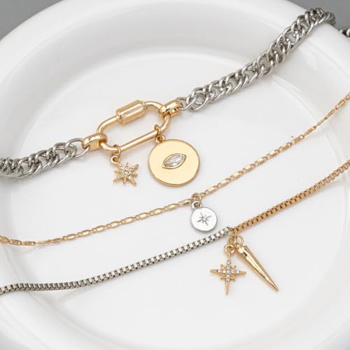 Gold Layered Necklaces For Women, 3PS Chunky Two Tone Necklace Silver Coin Pendant Paperclip Stacked Chain Trendy Statement Jewelry Gift3