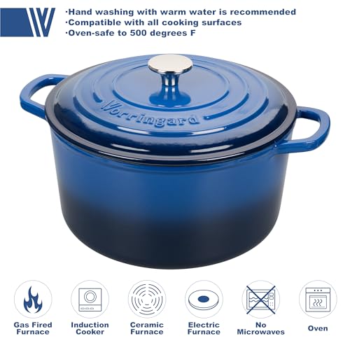 VORRINGARD Enameled Cast Iron Dutch Oven Pot with Lid, for Sourdough Bread Baking, Round Dutch Ovens, 6 Quart, Blue