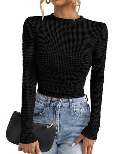PRETTYGARDEN Womens Tops 2025 Fall Long Sleeve Fitted T Shirts Waffle Ruched Crop Shirt Basic Knit Workout Y2k Clothes(Black,Small)