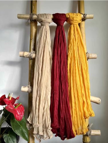Image of Nakoda Creation Cotton Blend Solid Women Dupatta (Pompom Pack OF. 3:-Beige,Maroon,Yellow) - AB8096