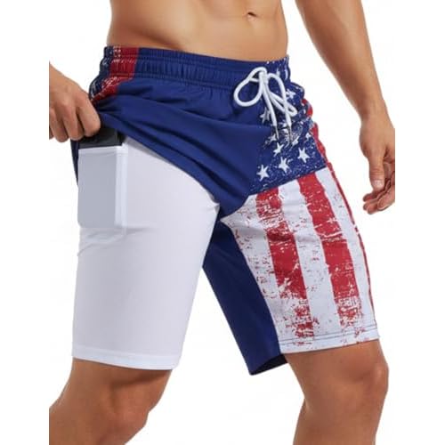 9 Inch Men Swim Trunks with Compression Breathable Liner Quick Dry Zipper Pockets for Water Beach Travel Cruise