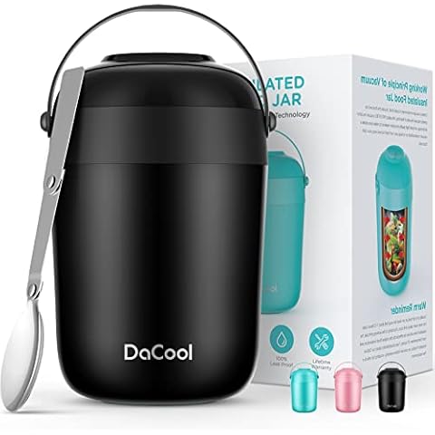 Insulated Lunch Container DaCool Thermos Food Jar 16 oz Stainless Steel Vacuum Bento Lunch Box for Kids Adult with Spoon Leak Proof Hot Cold Food for School Office Picnic Travel Outdoors - Black Cover