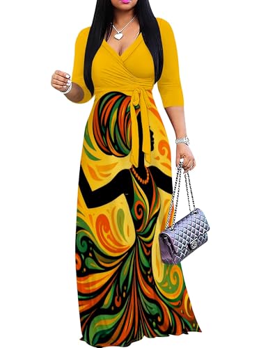 Image of PinkPatty Plus Size Maxi Dresses for Women Casual Flowy Long Dress 3 /4 Sleeve V Neck Wrap Dress with Belt