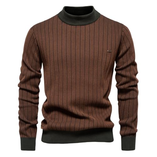 Men's Turtleneck Sweater Striped Knitted Pullover Autumn and Winter Solid Color Slim Fit Top Warm Long Sleeve,Brown,L