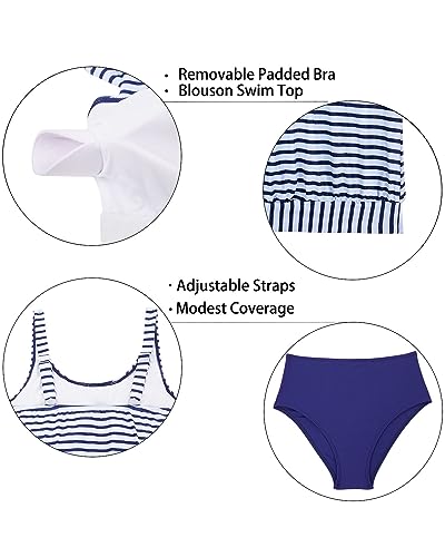Image of Yonique Women Vintage Chevron 2 Piece Ruched Padded Tankini Set Flyaway Top With Triangle Brief Bottom Bathing Suit