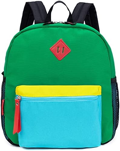 HawLander Preschool Kids Backpack, 12 inch Toddler Backpacks for Boys with Chest Strap, Green Blue