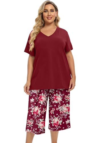 Image of Vozanet Women's V Neck Sexy Pajamas Capri Sets Mexican Style Floral Sleepwear 2PCS Totem Casual Nighty Plus Size M to 5XL