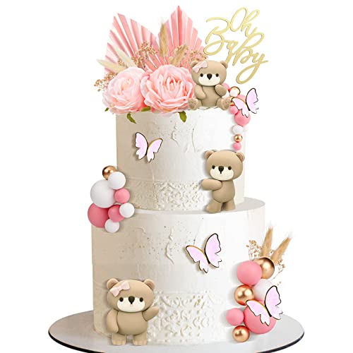 Yinder Bear Cake Toppers Mini Bear Cake Decorations Cake Toppers Gold White Pearl Ball for Birthday Party Decorations(Pink, Brown,Boho Style)
