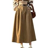 Longueur des robes: mi-mollet Gyios Jupe Longue Femme Marron Automne Hiver Noir Taille Haute Velours Côtelé Dames Collège Style Plissé A-Ligne Jupes-Champagne-m
