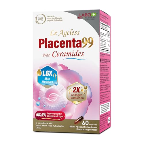 LABO Nutrition Le Ageless Placenta 99 with Oryza Ceramides - Cellular Supplement with Collagen Peptides - Supports Skin Firmness Healthy Moisture & Youthful Appearance - 60 Capsules
