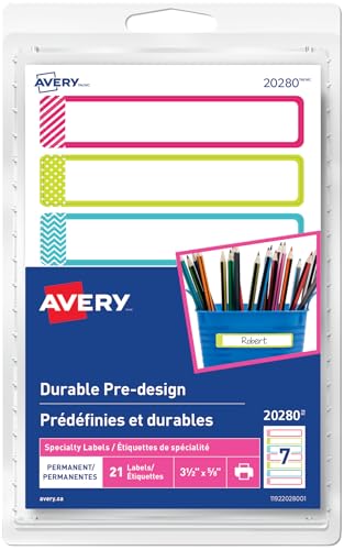 Avery - Avery Durable Labels for Kids School Gear, Rectangle, 3.5" X 5/8", Hand Write, Assorted Colours, Permanent, 21 Labels (20280) - -27%
