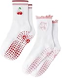 Yawlsow Pilates Stoppersocken für Damen Yoga Rutschfeste Grip Socken (DE/NL/SE/PL, Alphanumerisch, Einheitsgröße, Regular, Regular, 2er-Pack, Kirsche und Rosa)