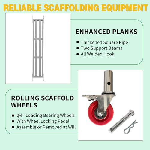 Image of Scaffolding Work Platform, Rolling Scaffolding with Wheels, Scaffold for Building Construction, Interior Painting, Home Improvement（59.0 inch Height, 500LBS Capacity, Silver)