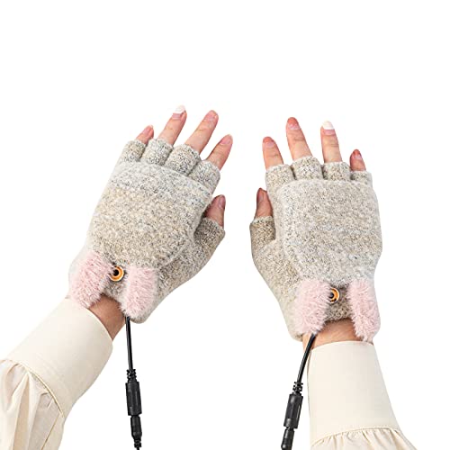 Yissone Guantes calentados por USB Guantes de calentamiento de punto de invierno Guantes sin dedos para portátil con cubierta de dedo para invierno frío, Café claro, M Cover