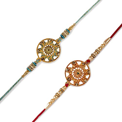 Set of 2 Rakhis For Brother Gift for Raksha Bandhan Handmade Silk Rakhee Rakshabandhan Thread with Resin & Glass Stones in Kundan Design Blue Pink Gold & Pearl White
