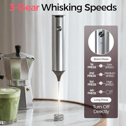 YARRAMATE Rechargeable Milk Frother Wand Handheld, 3 Speed Adjustable Electric Drink Mixer with 2 Whisks, Stainless Steel Stirrer for Coffee, Lattes, Protein Shakes, Matcha, Egg — view 2