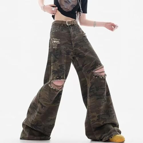 NCDUANSAN Gothic Retro American Camouflage Work Pants, Perforated Design, Wasteland Style Personalized Wide Leg Jeans3
