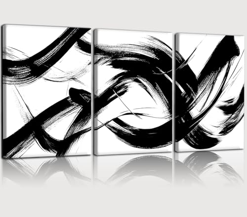 RUURUU 3Pcs Framed Black and White Abstract Wall Art Black