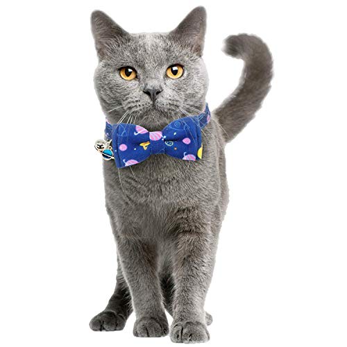 KUDES Cat Collar Breakaway with Cute Bow Tie and Bell Charms, 2 Pack/Set Adjustable Safety Buckle Printed Pet Collars for Kitty Puppies and Other Small Animals (Rainbow & Space) - Thumbnail 4