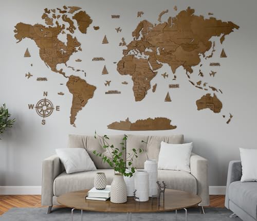 WoodLeo Mappamondo in legno (in italiano) - Decorazione murale in 3D - Dimensioni della mappa (M, L, XL) Idea regalo per ogni occasione - Arte da parete per la casa